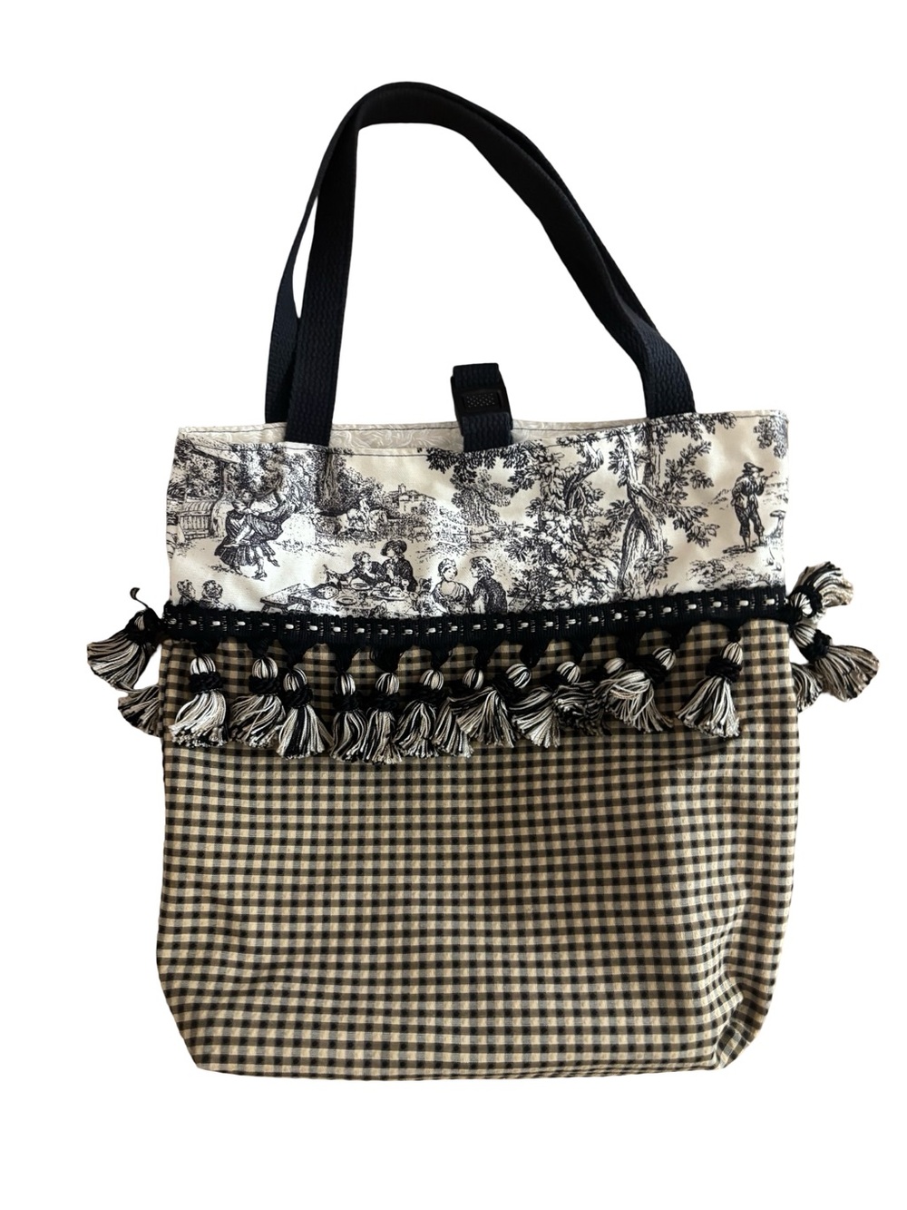 Black & Cream Patterned Renaissance Style Cottagecore Regency Tassel Tote Bag